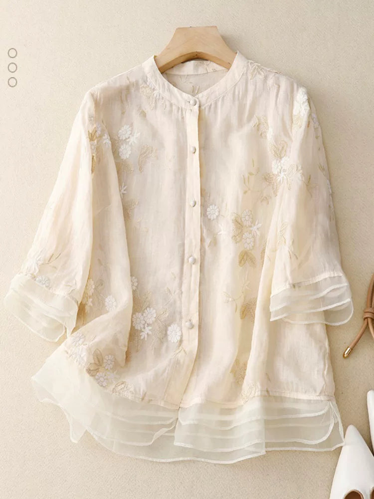 Embroidered Three Quarter Sleeve Shirt, Cotton Linen