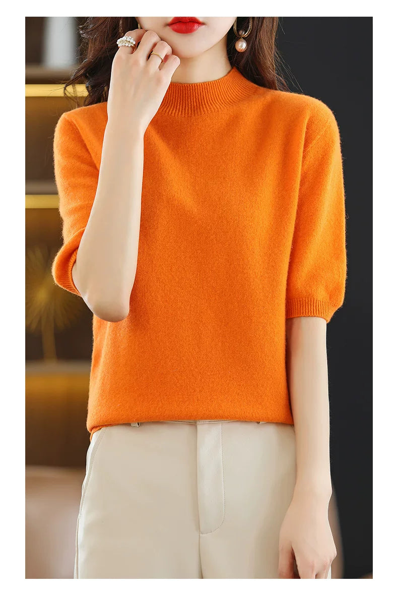 Relaxed Knit Top with Small Stand Collar & Elbow Sleeves