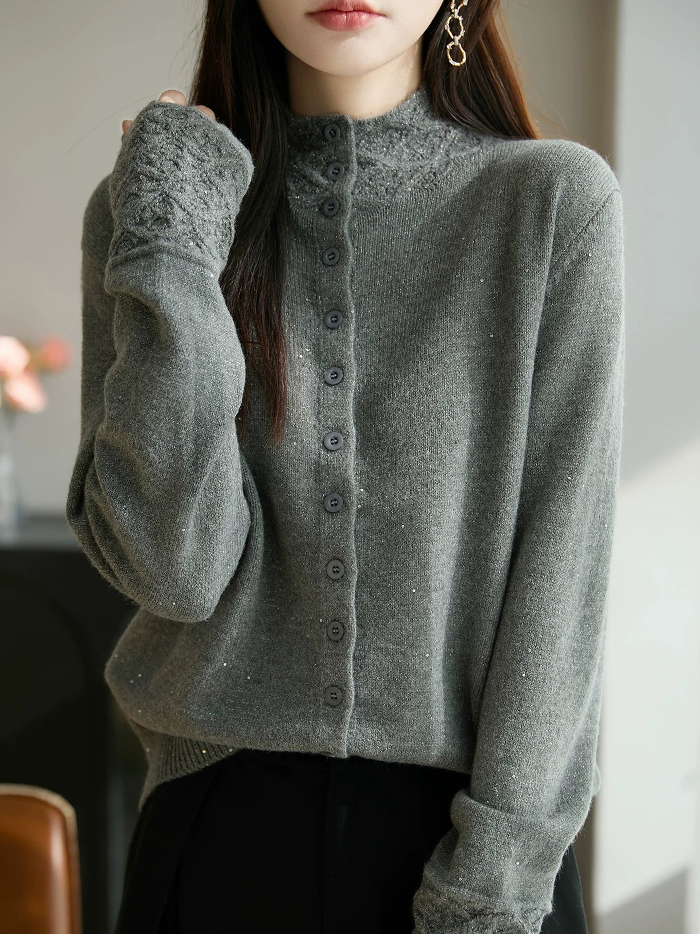 Soft Knit Cardigan with Lace Trim & Shiny Flecks