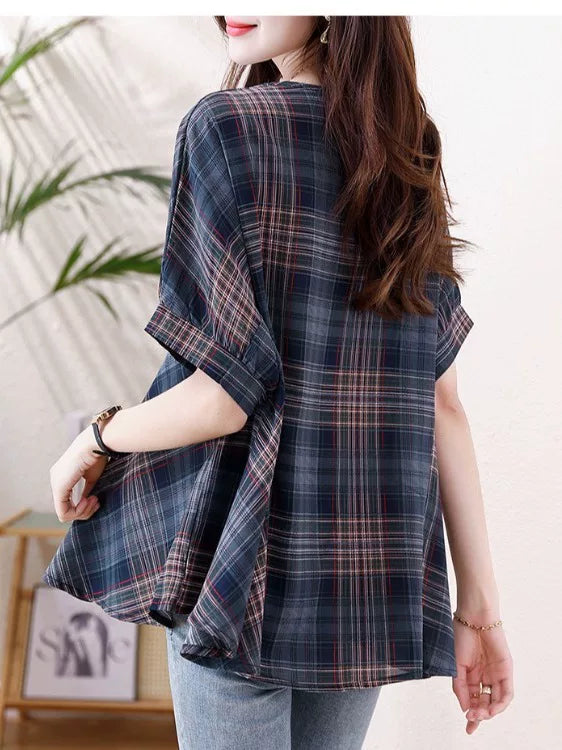 Plaid Chiffon Top with Drawstring Waist