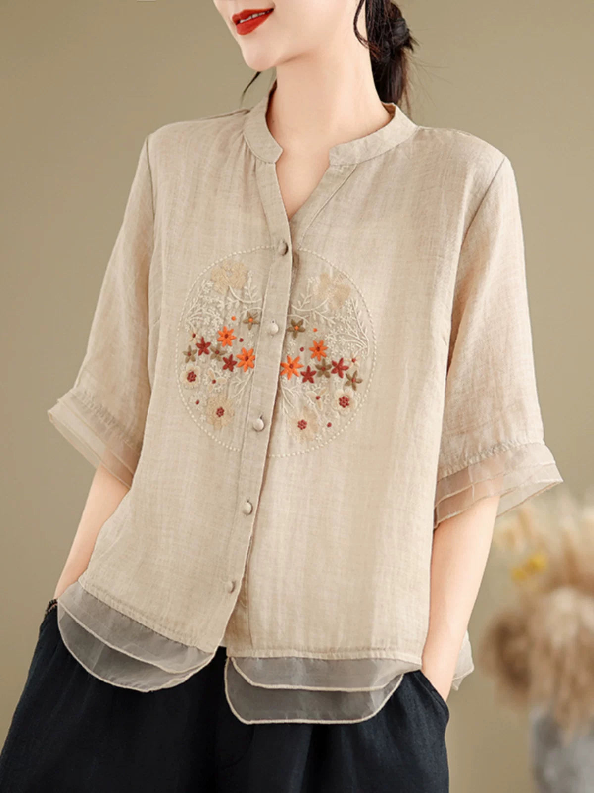 Embroidered Cotton Linen Half Sleeve Shirt with Organza Hem