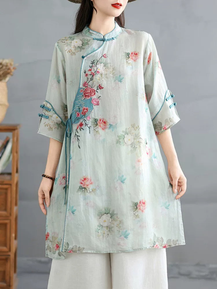 Relaxed Floral Tunic with Embroidered Panel & Tie Detail