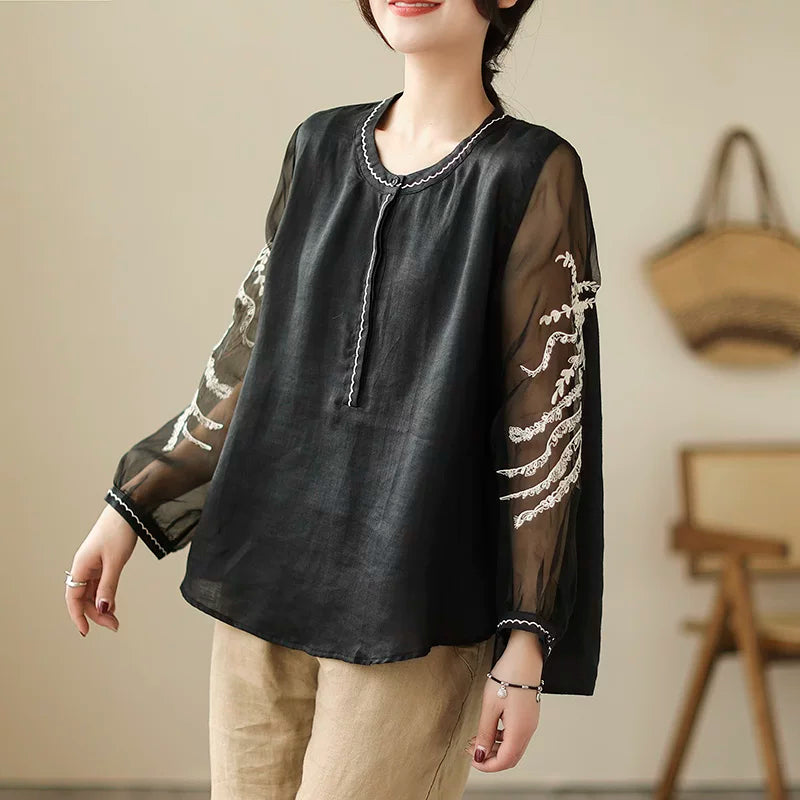 Sheer Mesh Sleeve Top with Embroidered Botanical Detail
