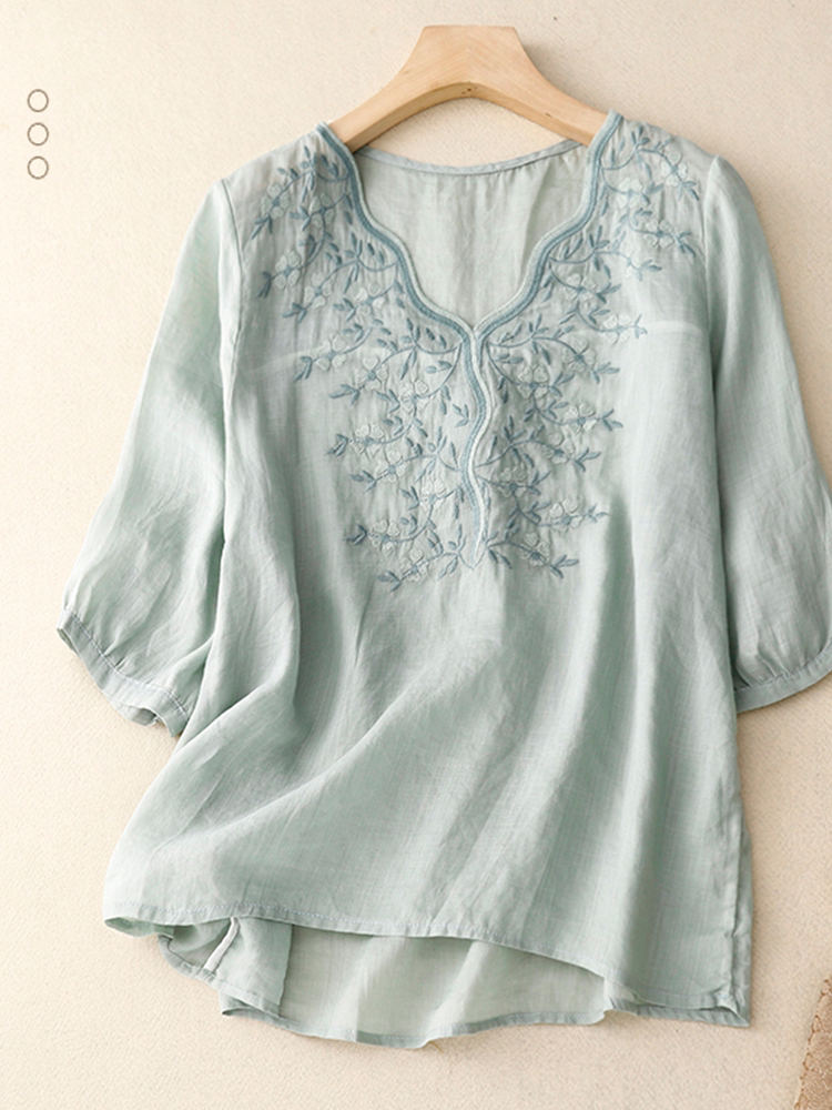 Embroidered Three Quarter Sleeve V-Neck Shirt