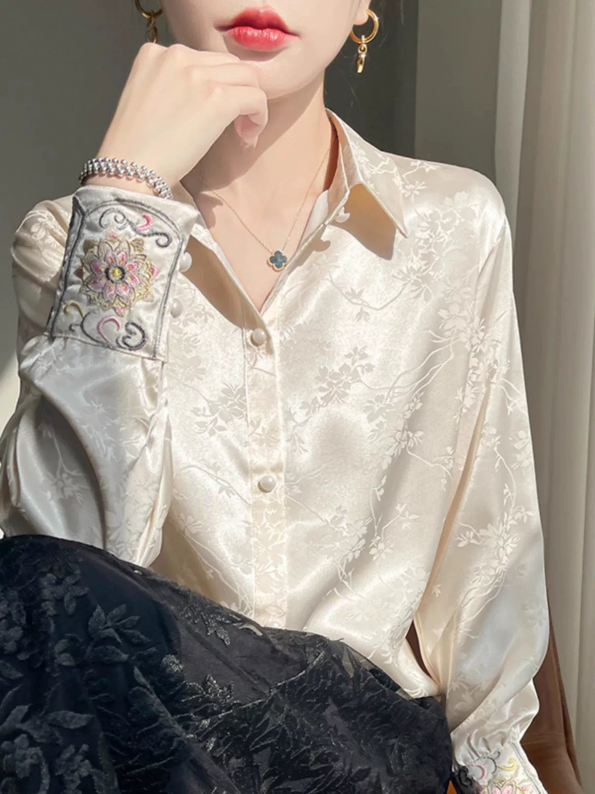 Acetate Woven Blouse with Frog Buttons