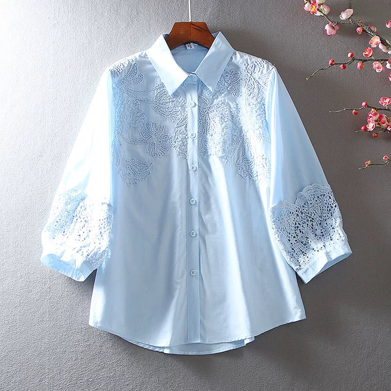100% Cotton Blouse with Floral Embroidery & Lace Cuffs