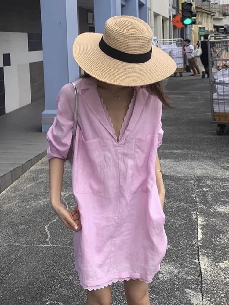 Linen-Look Tunic with Eyelet Lace Trim & Patch Pockets