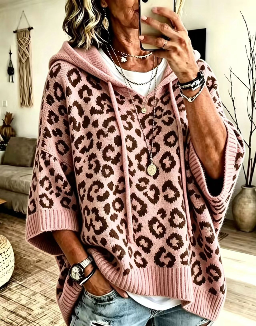 Leopard Jacquard Hooded Knit Top, Oversized Pullover