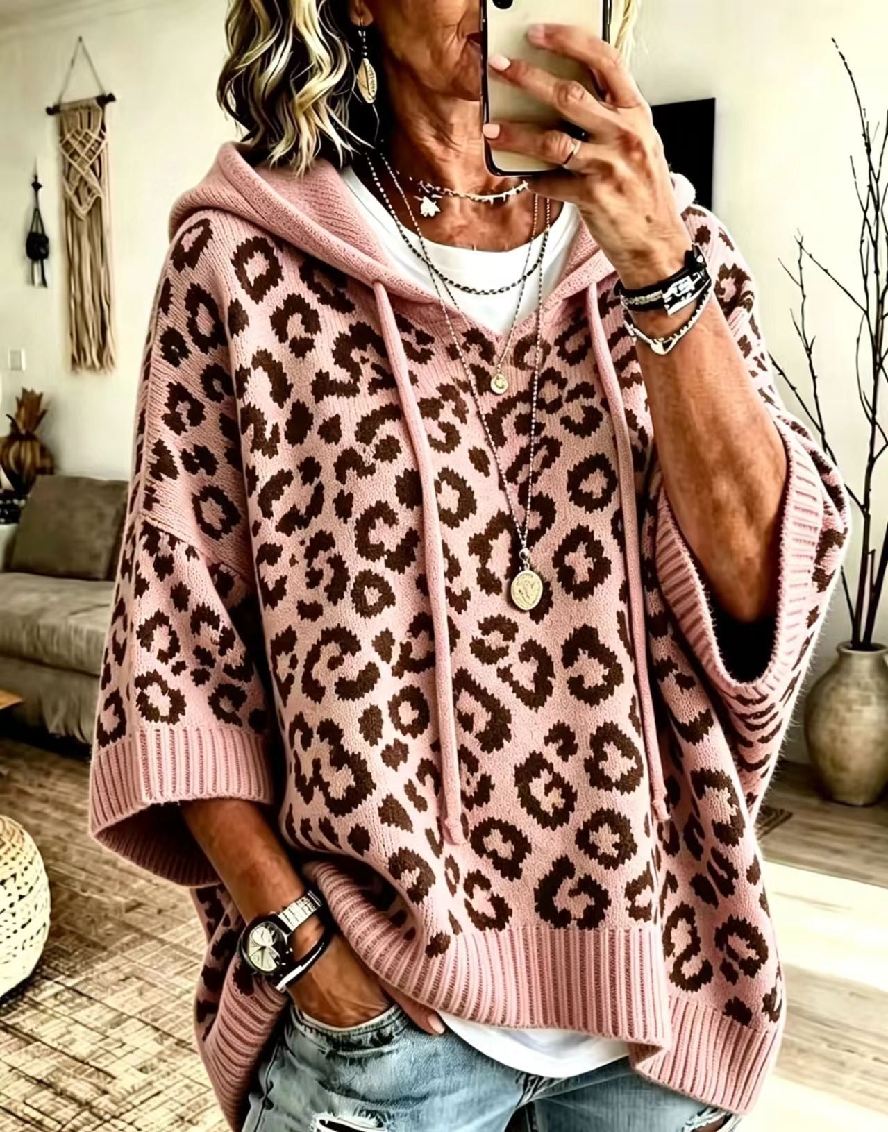 Leopard Jacquard Hooded Knit Top, Oversized Pullover