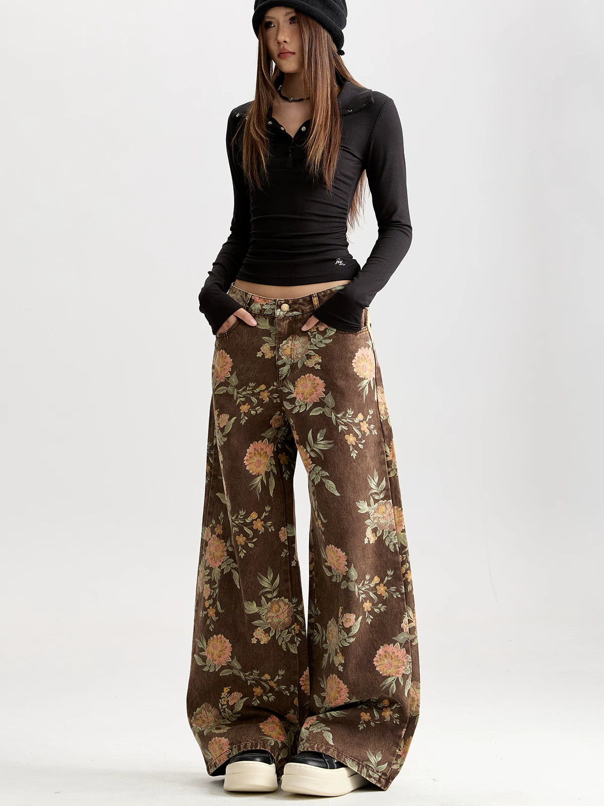 Floral Wide-Leg Jeans with Vintage Wash