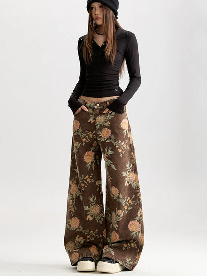 Floral Wide-Leg Jeans with Vintage Wash