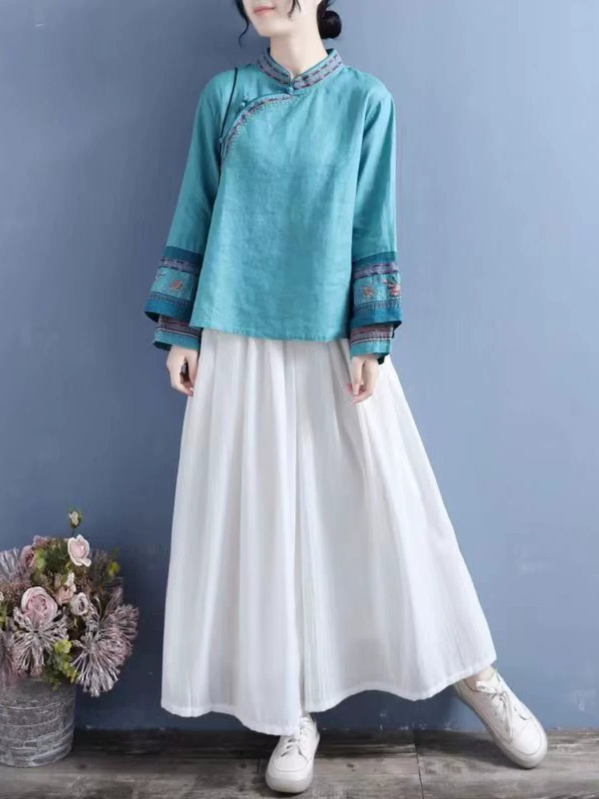 Embroidered Long Sleeve Shirt, Cotton Linen, Rounded Neckline