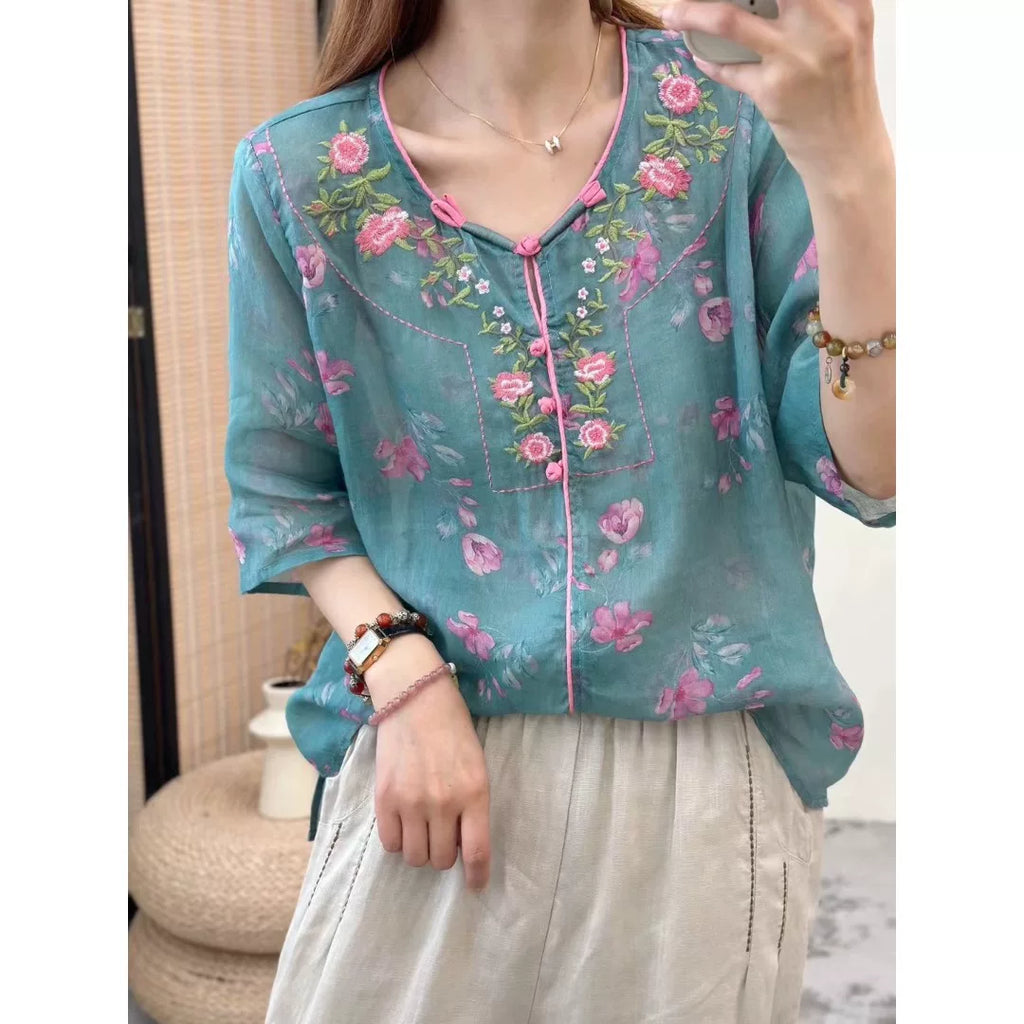Embroidered Floral Print Half Sleeve Shirt
