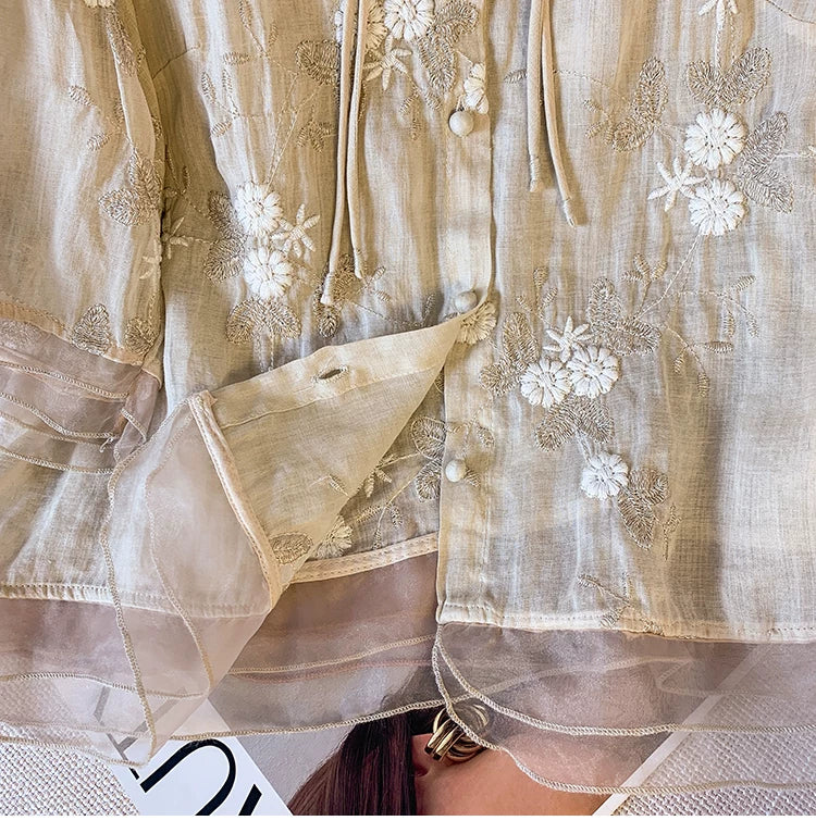 Embroidered Top with Organza Overlay & Button Front