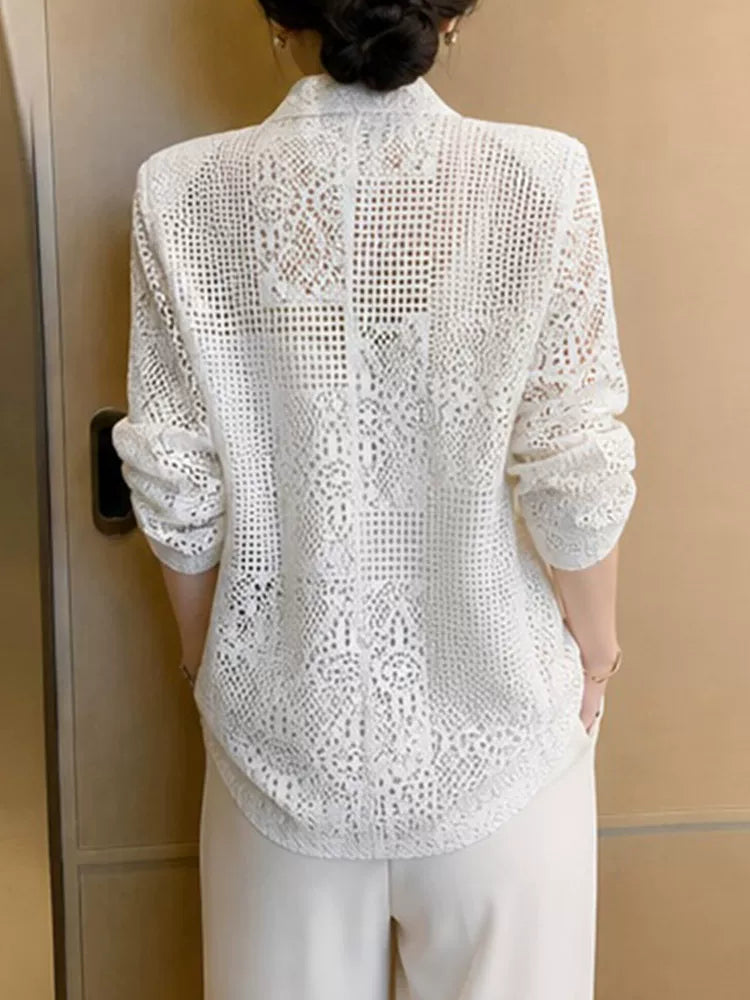 White Hollow-Out Lace Jacket, Open-Front Relaxed Fit