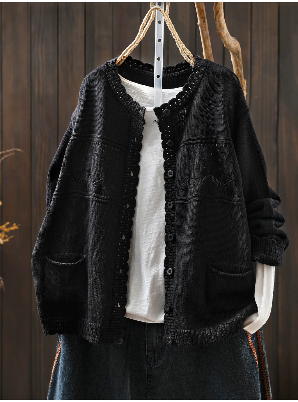 Soft Knit Cardigan with Openwork Panels & Ruffles