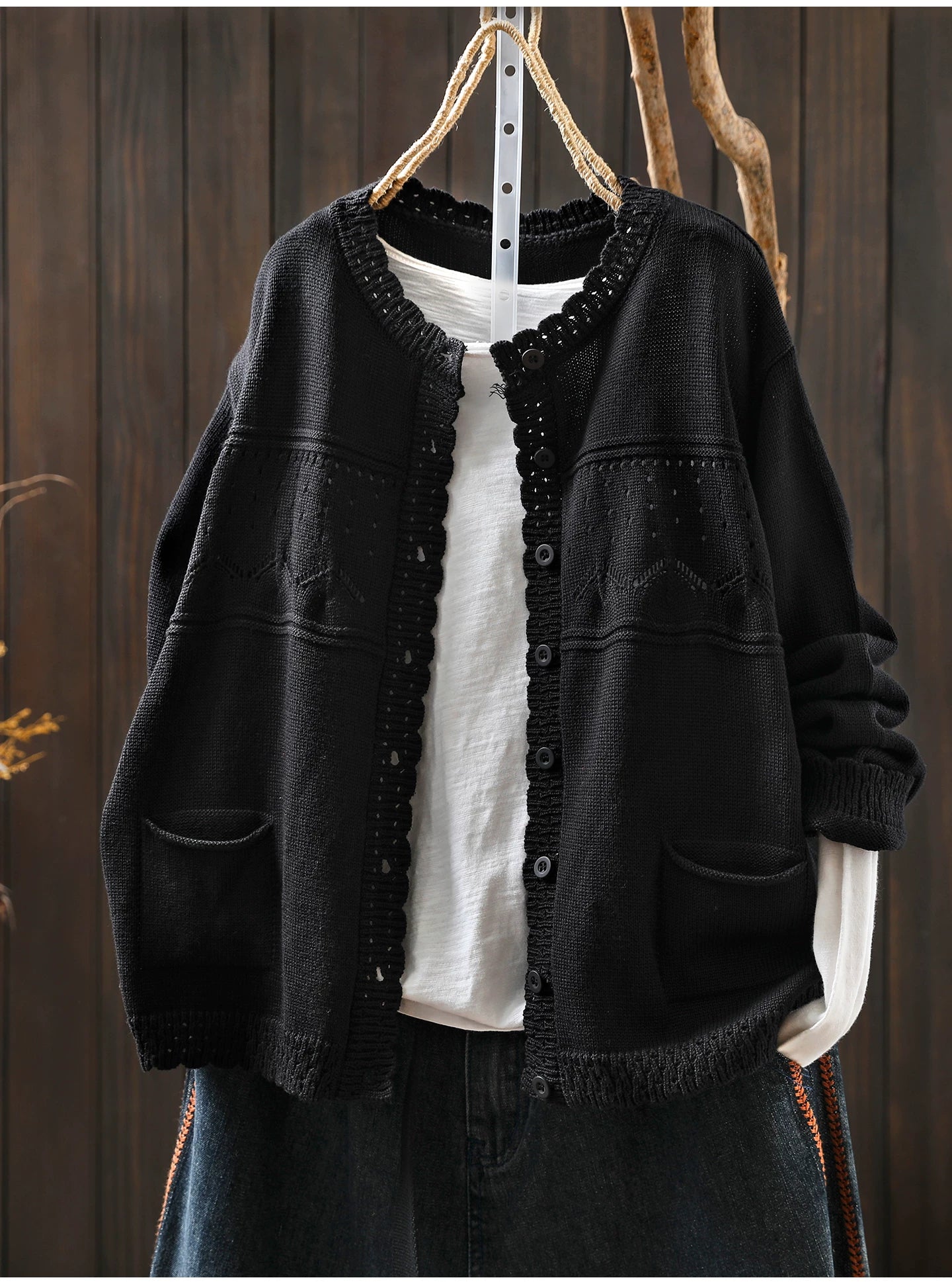 Soft Knit Cardigan with Openwork Panels & Ruffles