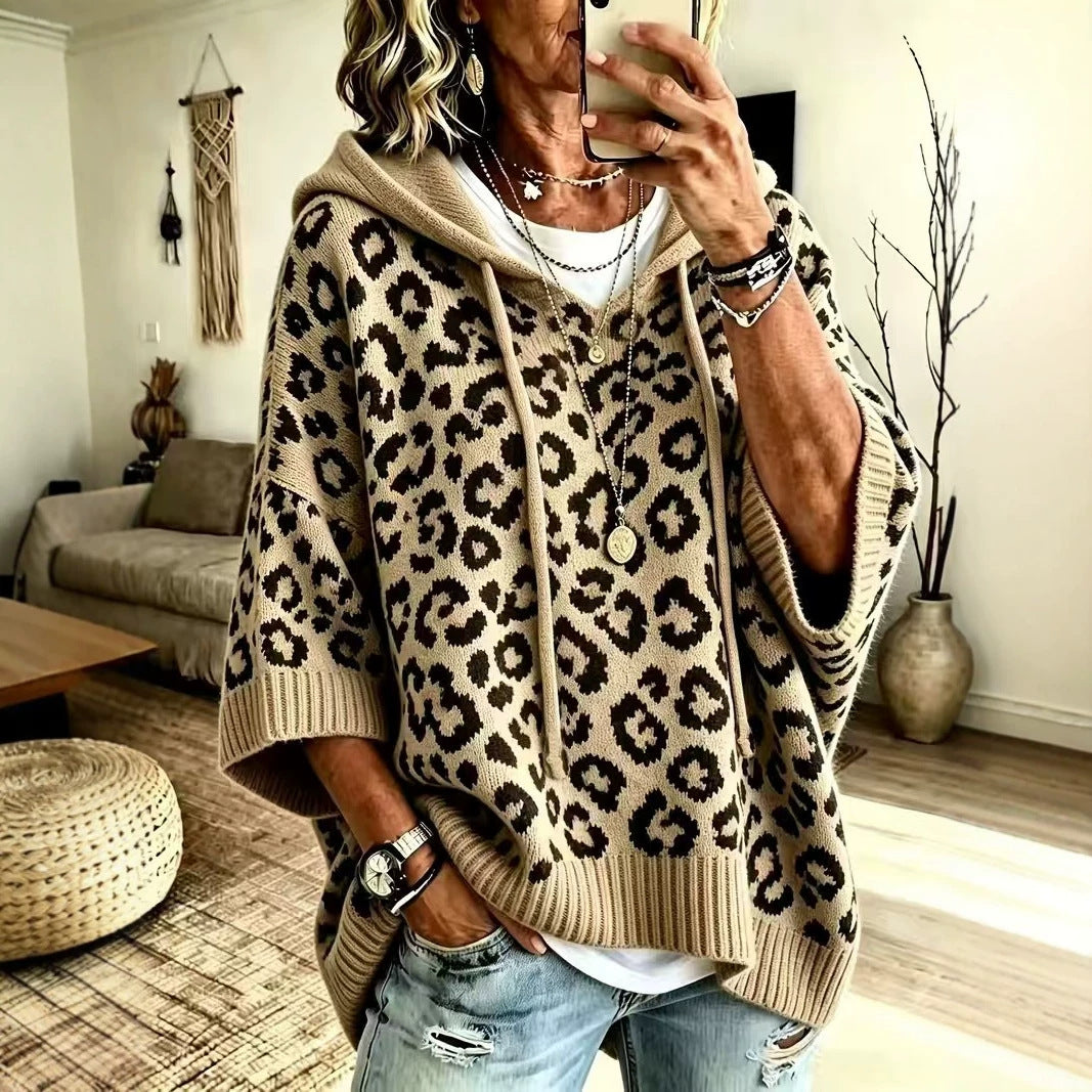 Leopard Jacquard Hooded Knit Top, Oversized Pullover