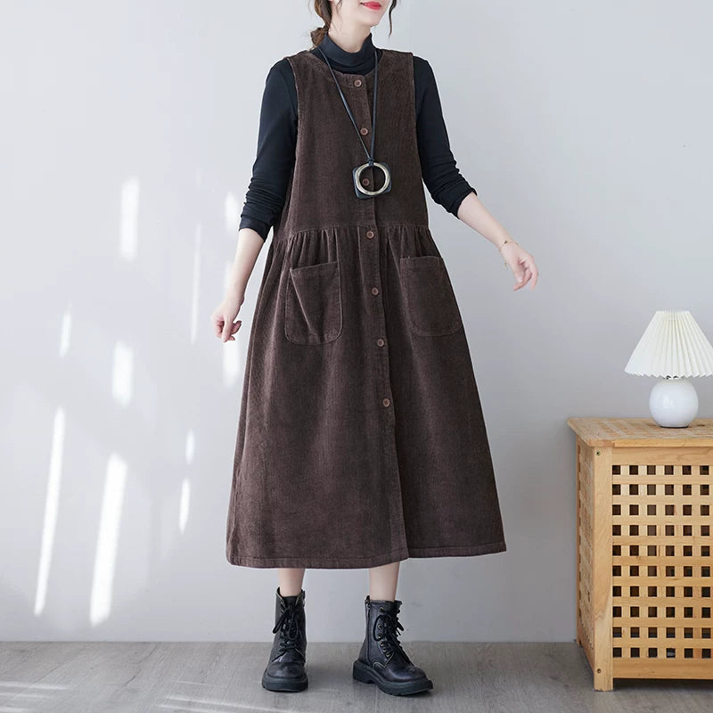 Corduroy Midi Dress with Patch Pockets & Button Front