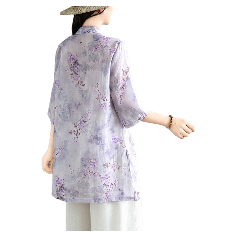 Linen-Look Floral Tunic with Chinese-Style Stand Collar