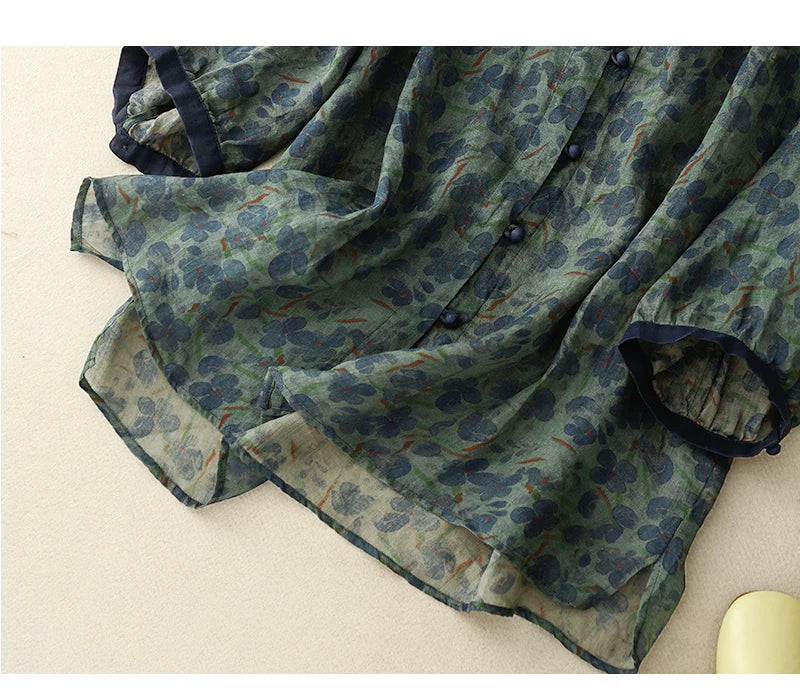 Floral Print Cotton Linen Three Quarter Sleeve Shirt