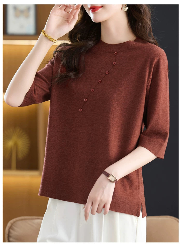 Relaxed Knit Top with Front Button Trim