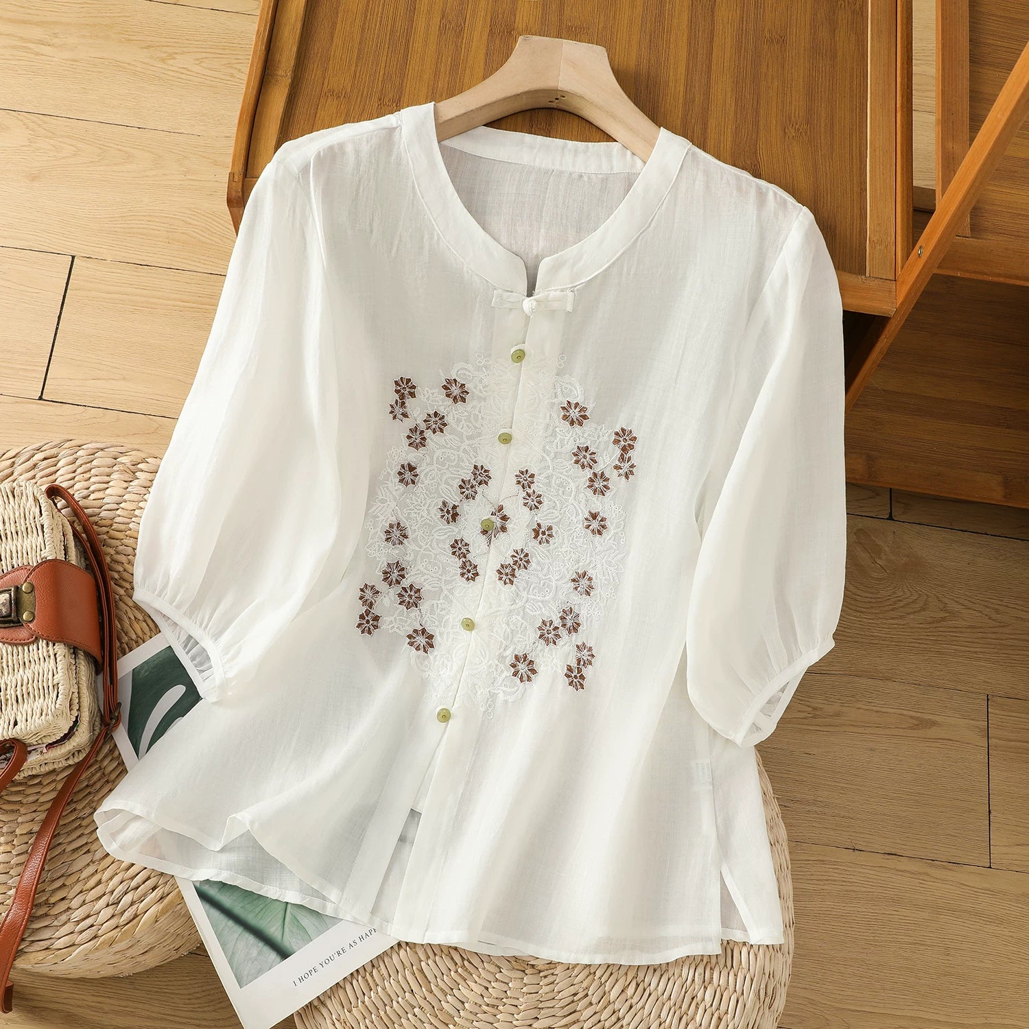 Cotton-Linen Blouse with Floral Lace Embroidery