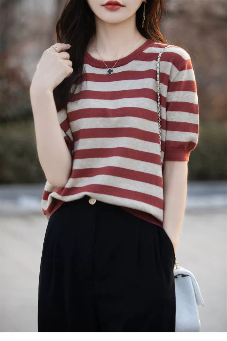 Striped Knit Top with Elbow-Length Sleeves