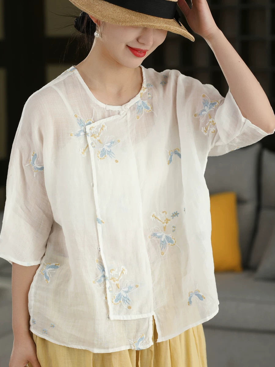 100% Ramie Top with Floral Embroidery & Knot Detail