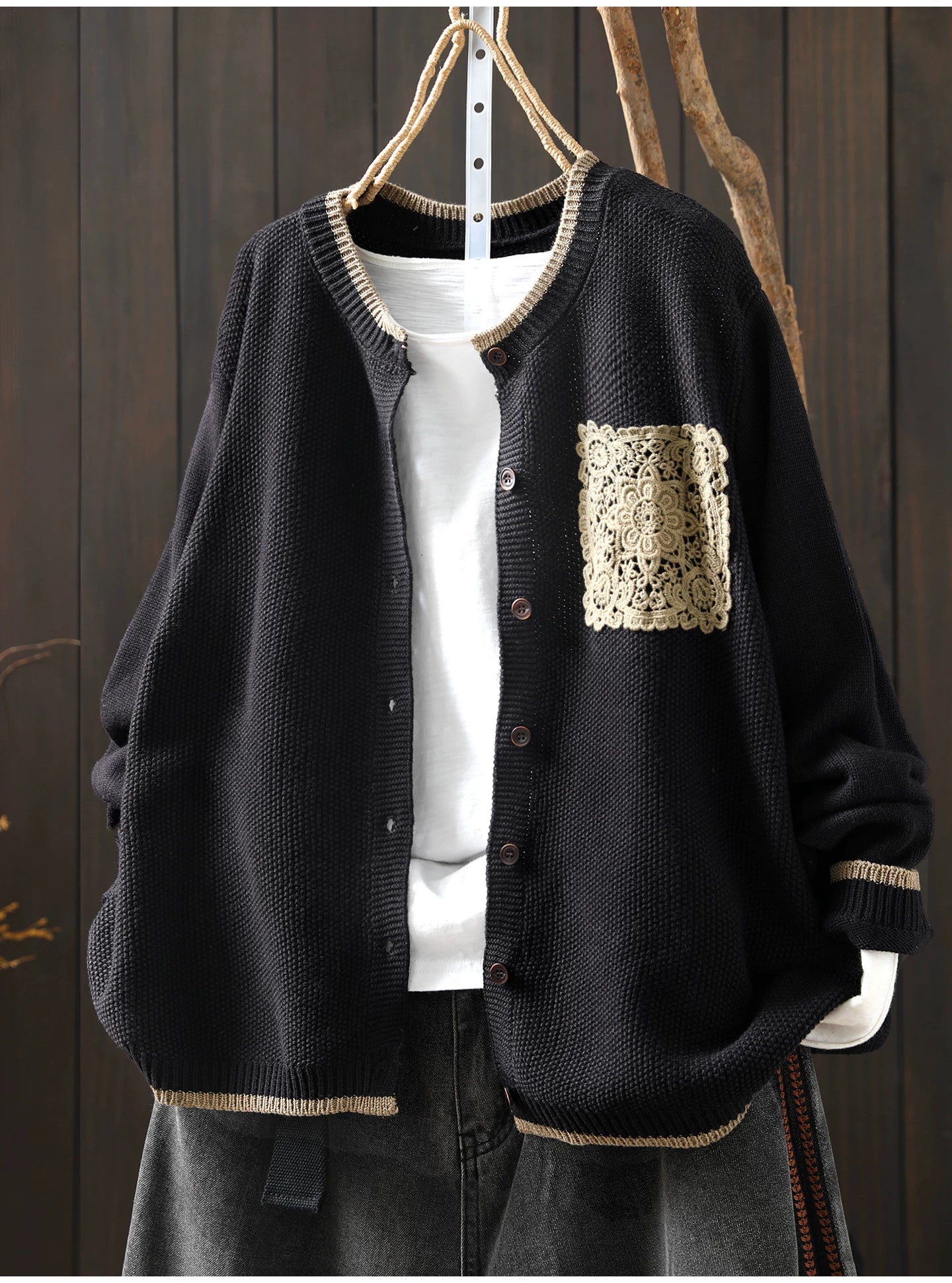 Waffle-Textured Knit Cardigan with Lace Pocket