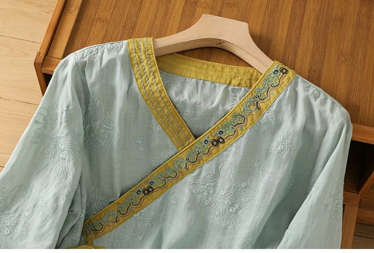 Embroidered Trim Three Quarter Sleeve Shirt