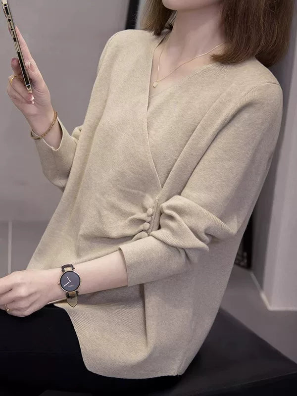 V-Neck Knit Top with Twisted Knot Detail