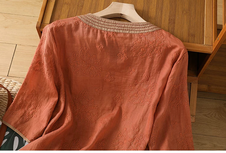 Embroidered Trim Three Quarter Sleeve Shirt