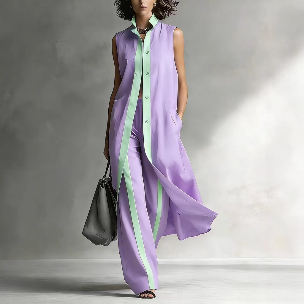 Relaxed Two-Piece Set with Stand Collar & Contrast Piping
