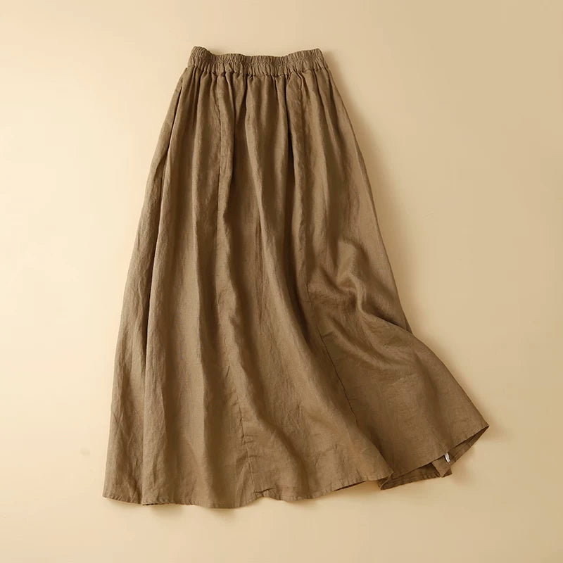 Embroidered Floral Pendant A-Line Midi Skirt, 100% Ramie