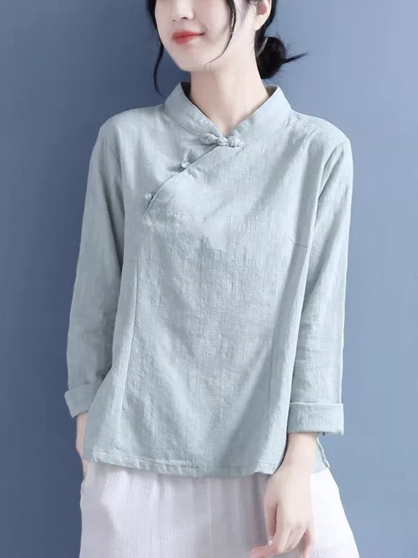 Cotton Linen Long Sleeve Shirt with Decorative Knot Detail