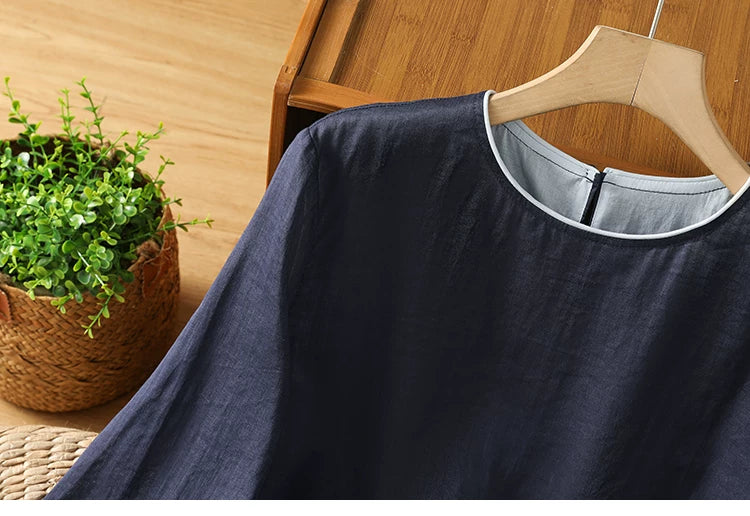 Cotton Linen Three Quarter Sleeve Shirt with Contrast Trim