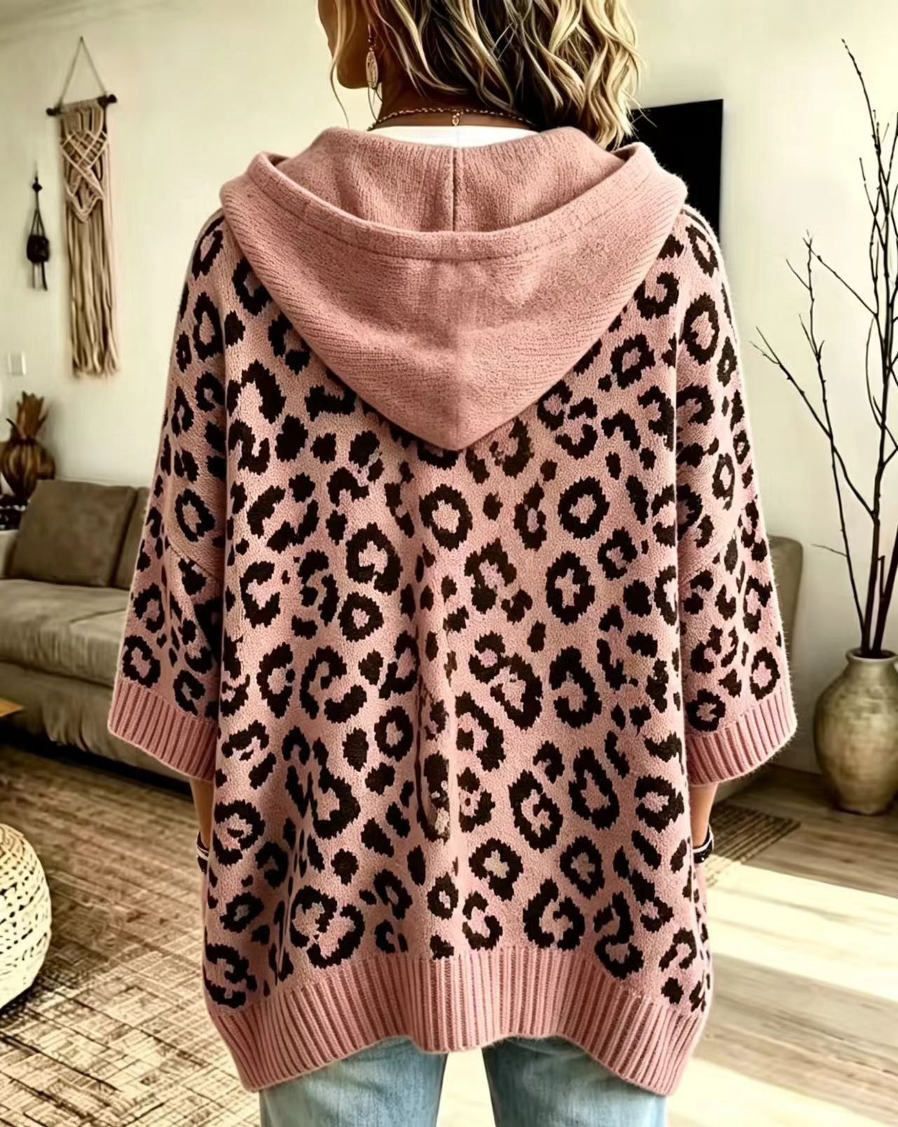 Leopard Jacquard Hooded Knit Top, Oversized Pullover