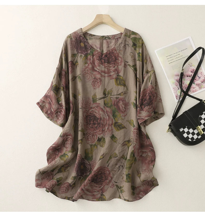 Floral Print Cotton Linen Half Sleeve Tunic