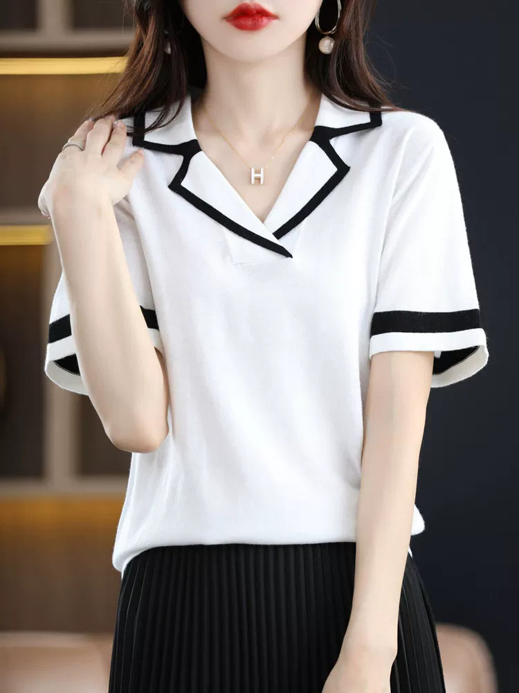 Relaxed V-Neck Knit Top with Contrast Trim