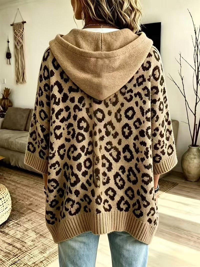 Leopard Jacquard Hooded Knit Top, Oversized Pullover