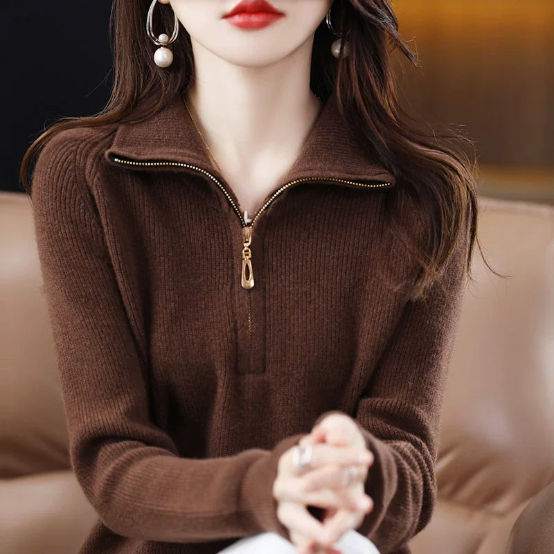 Relaxed Half-Zip Knit Top with Stand Collar