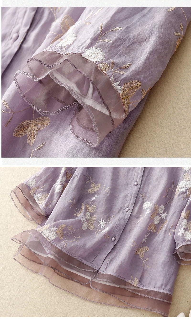 Embroidered Three Quarter Sleeve Shirt, Cotton Linen