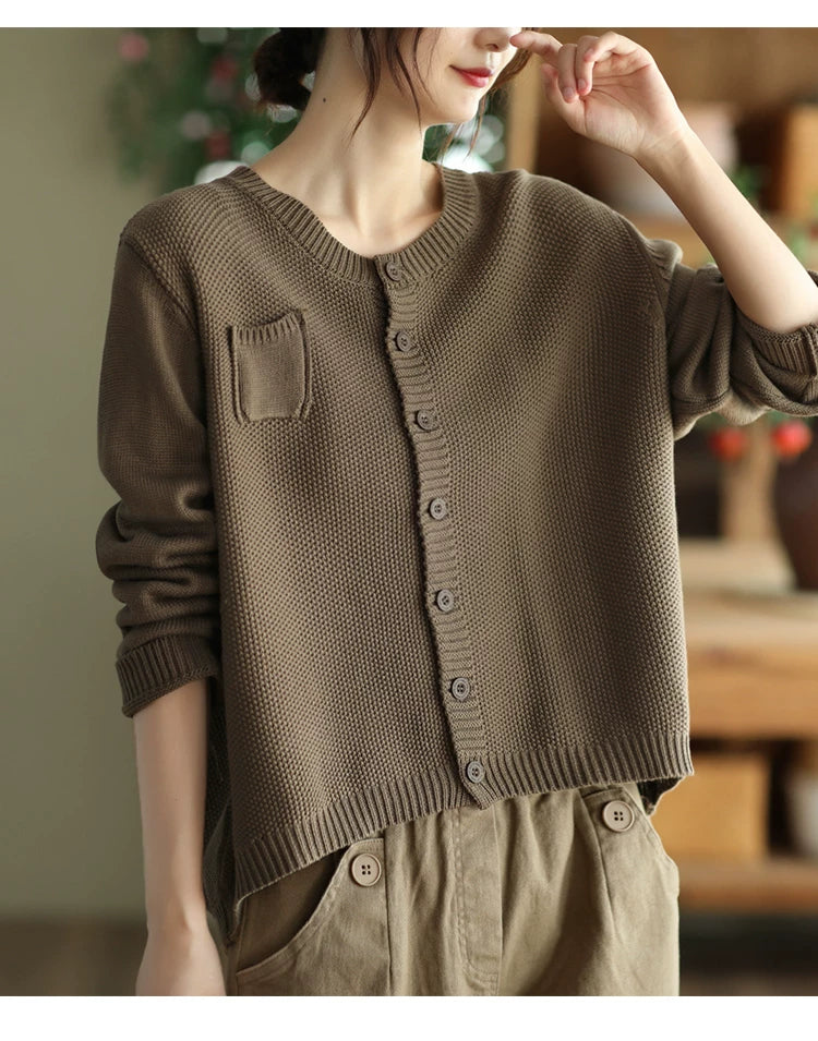 Cotton-Blend Knit Cardigan with V-Neck & Chest Pocket