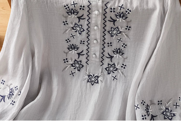 Embroidered Blouse with Elbow-Length Sleeves