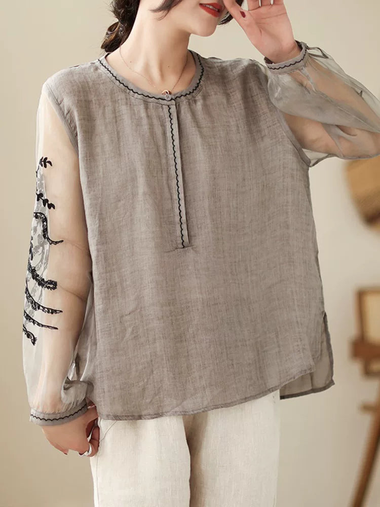 Sheer Mesh Sleeve Top with Embroidered Botanical Detail