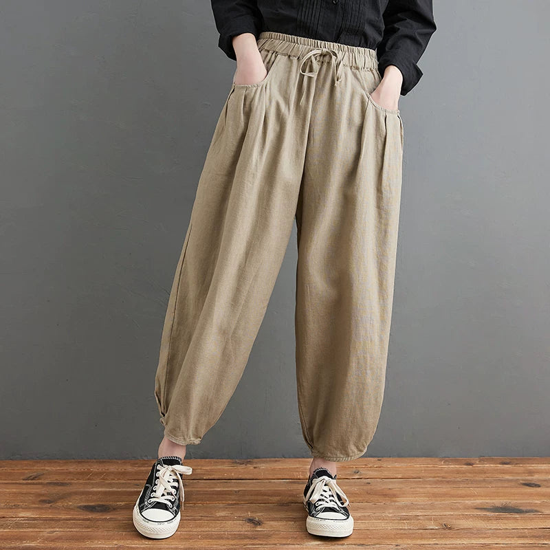 100% Linen Balloon-Leg Pants with Drawstring Waist