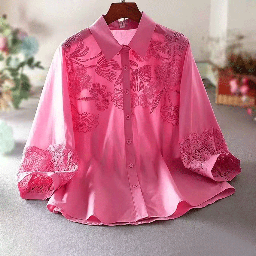 100% Cotton Blouse with Floral Embroidery & Lace Cuffs
