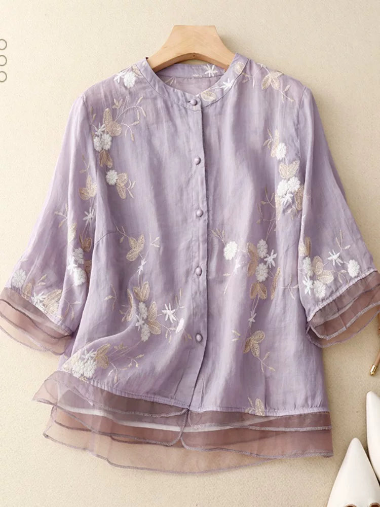 Embroidered Three Quarter Sleeve Shirt, Cotton Linen