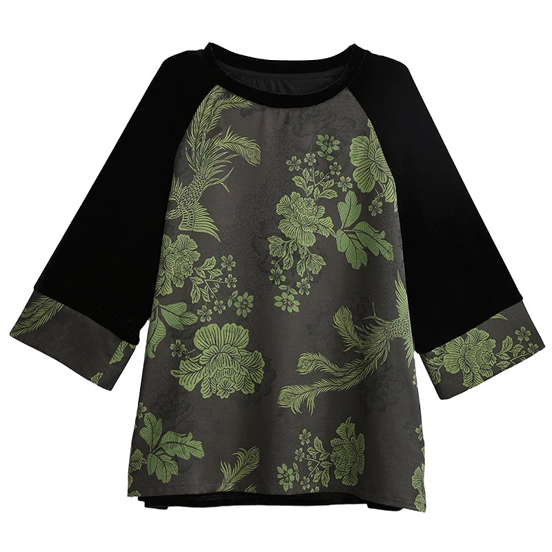 Jacquard Top with Velvet-Sleeve Contrast